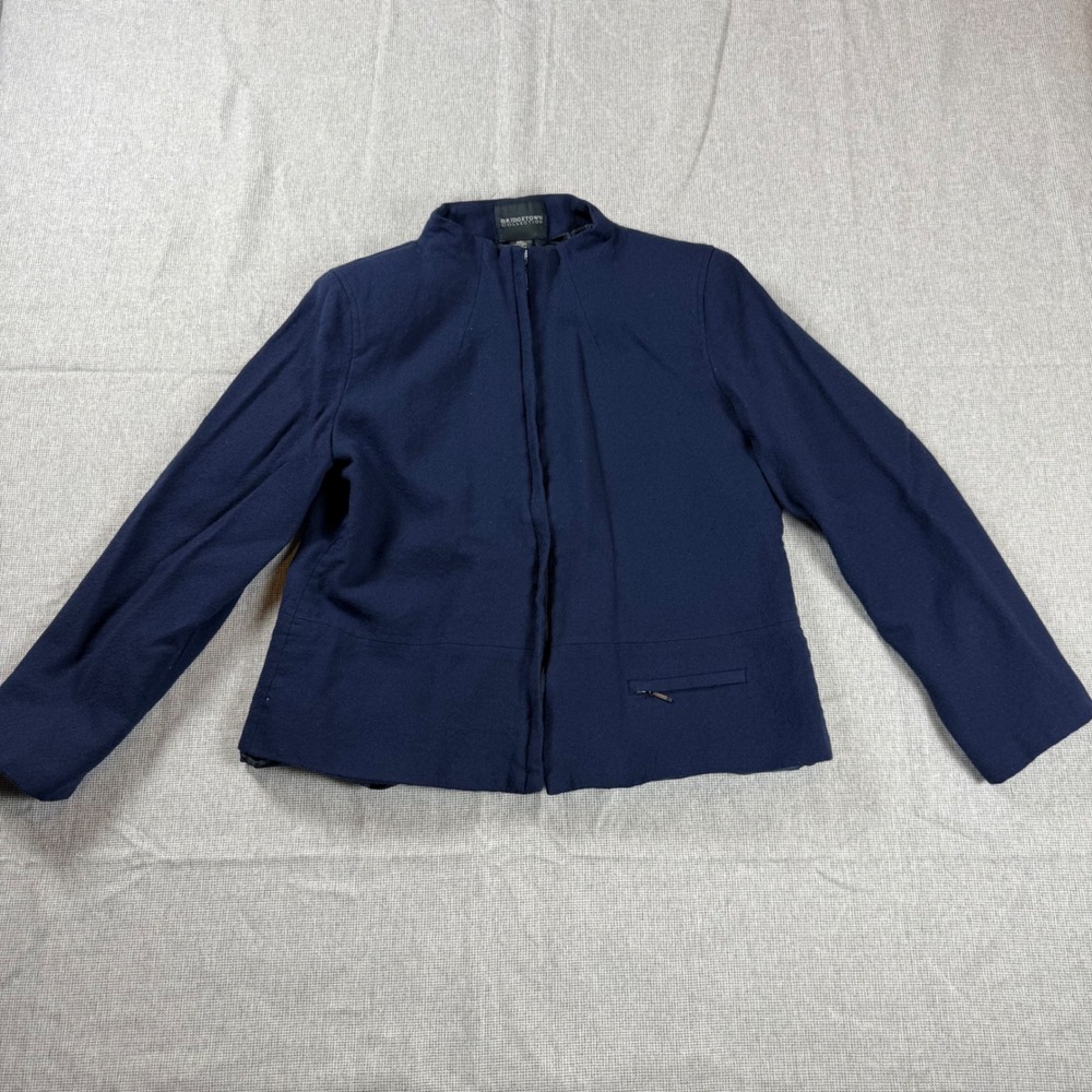 Bridgetown Collection Navy Blue 100% Wool Full Zip Mock Neck Blazer Womens 14